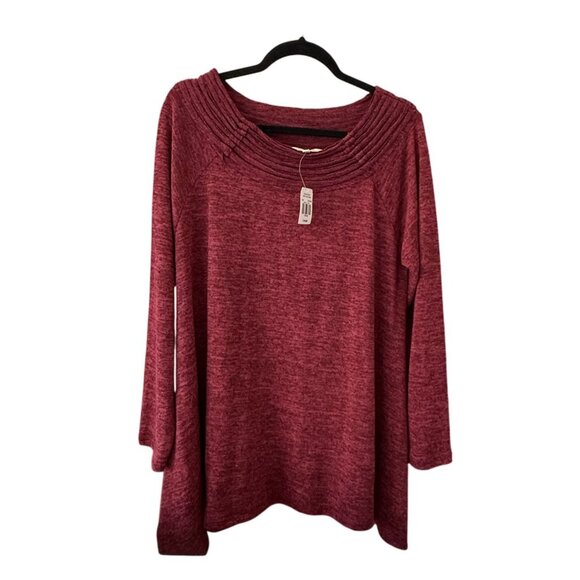 Krazy Kat Womens Red Knit Long Sleeve Top With Ribbed Collar L Asymmetrical Hem - Picture 1 of 6